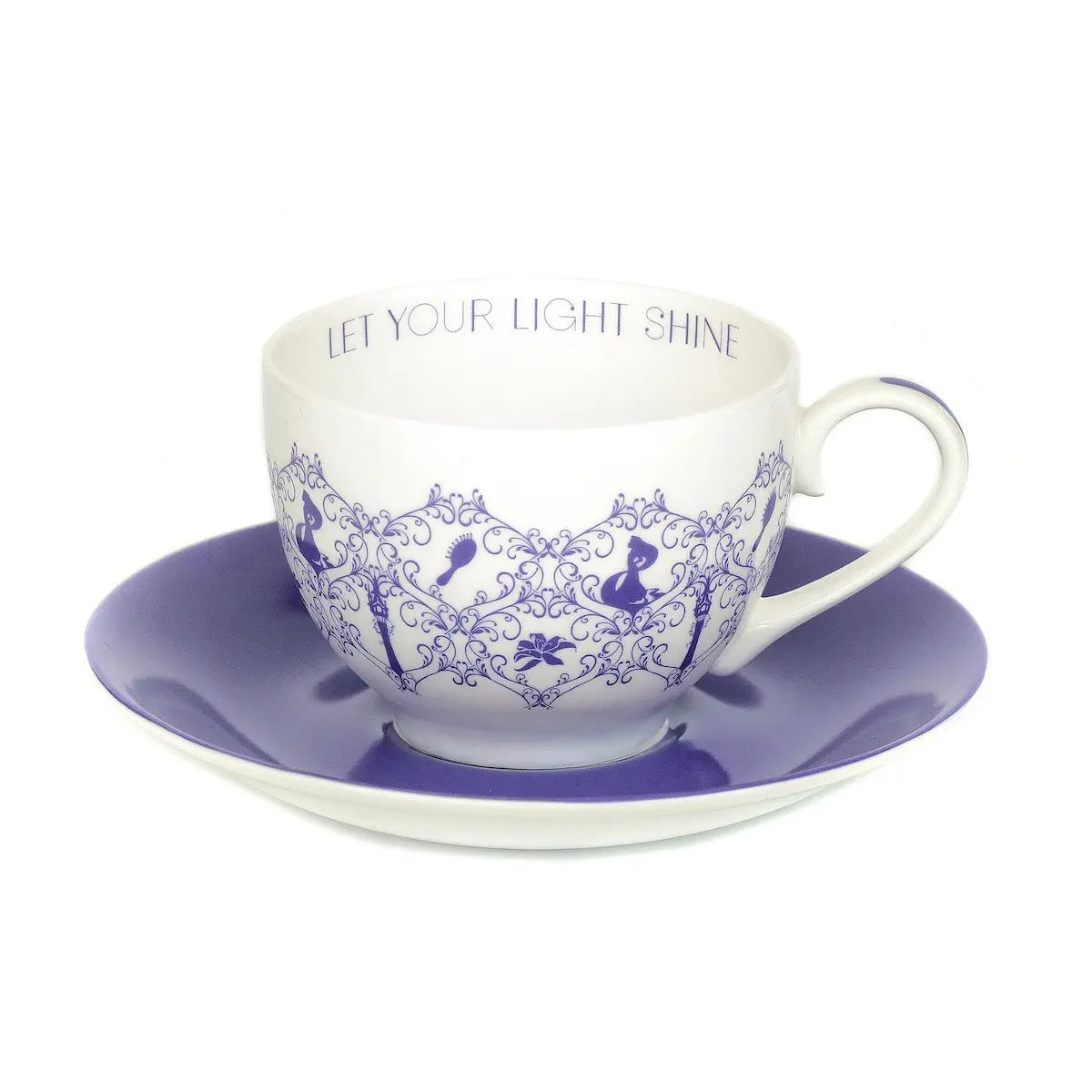 Fine bone china cup and saucer set, white with blue swirls and 'LET YOUR LIGHT SHINE'