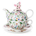 Bone china teapot with cow lid ornament, floral animal print; includes cup and saucer