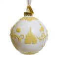 White and gold fine bone china ornament ball with castle and floral scene, hanging cap