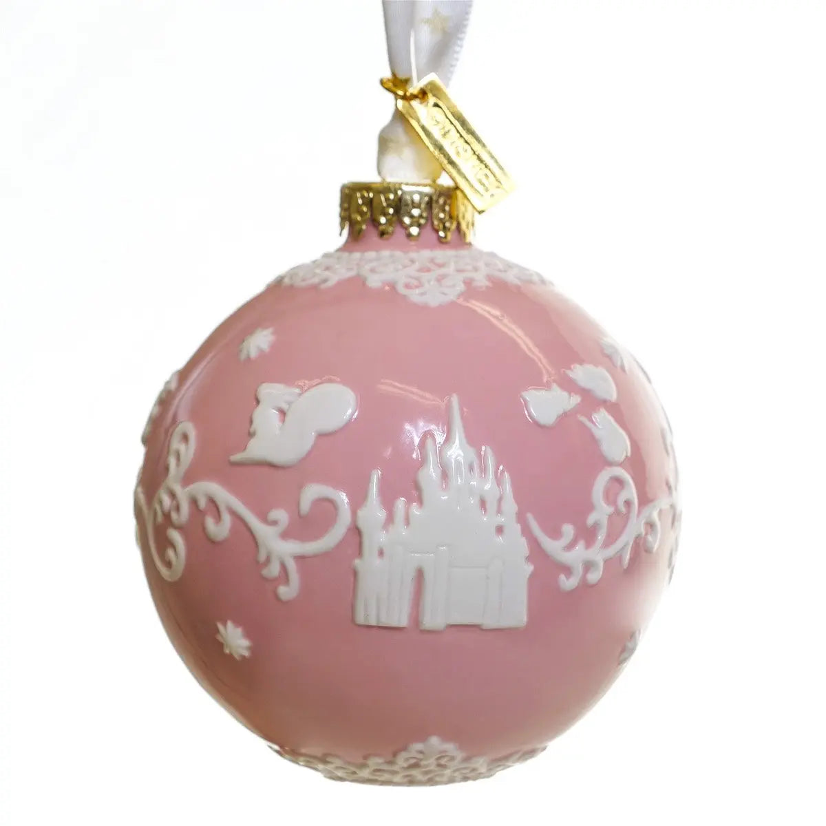 Pink fine bone china Christmas bauble ornament with white castle and cloud details