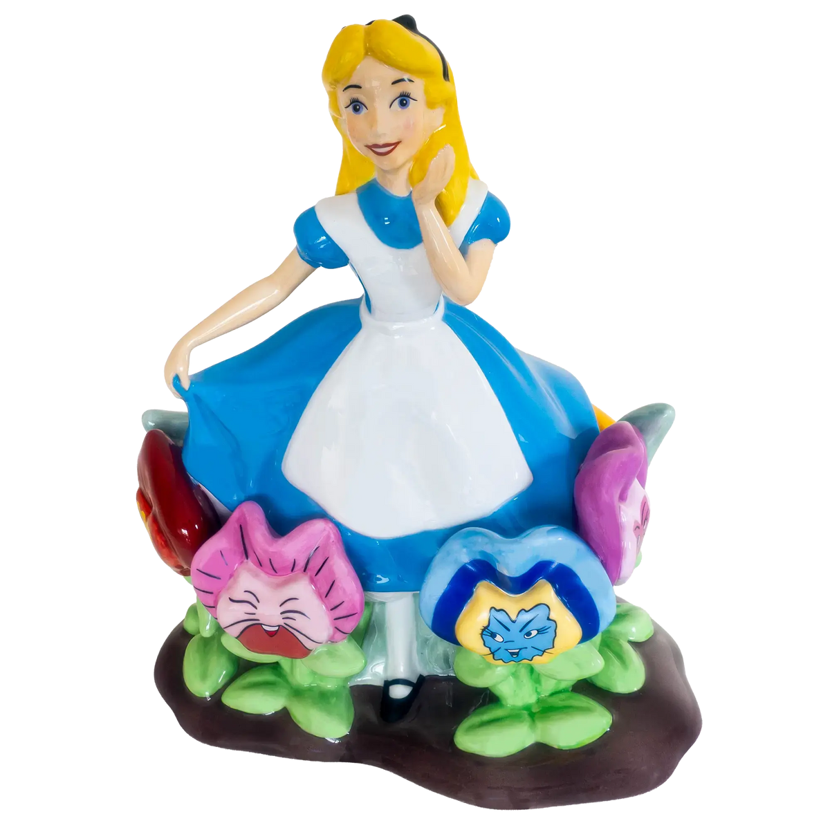 Porcelain Alice figurine in blue dress with white apron, holding pose with floral details