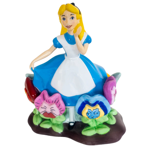Porcelain Alice figurine in blue dress with white apron, holding pose with floral details