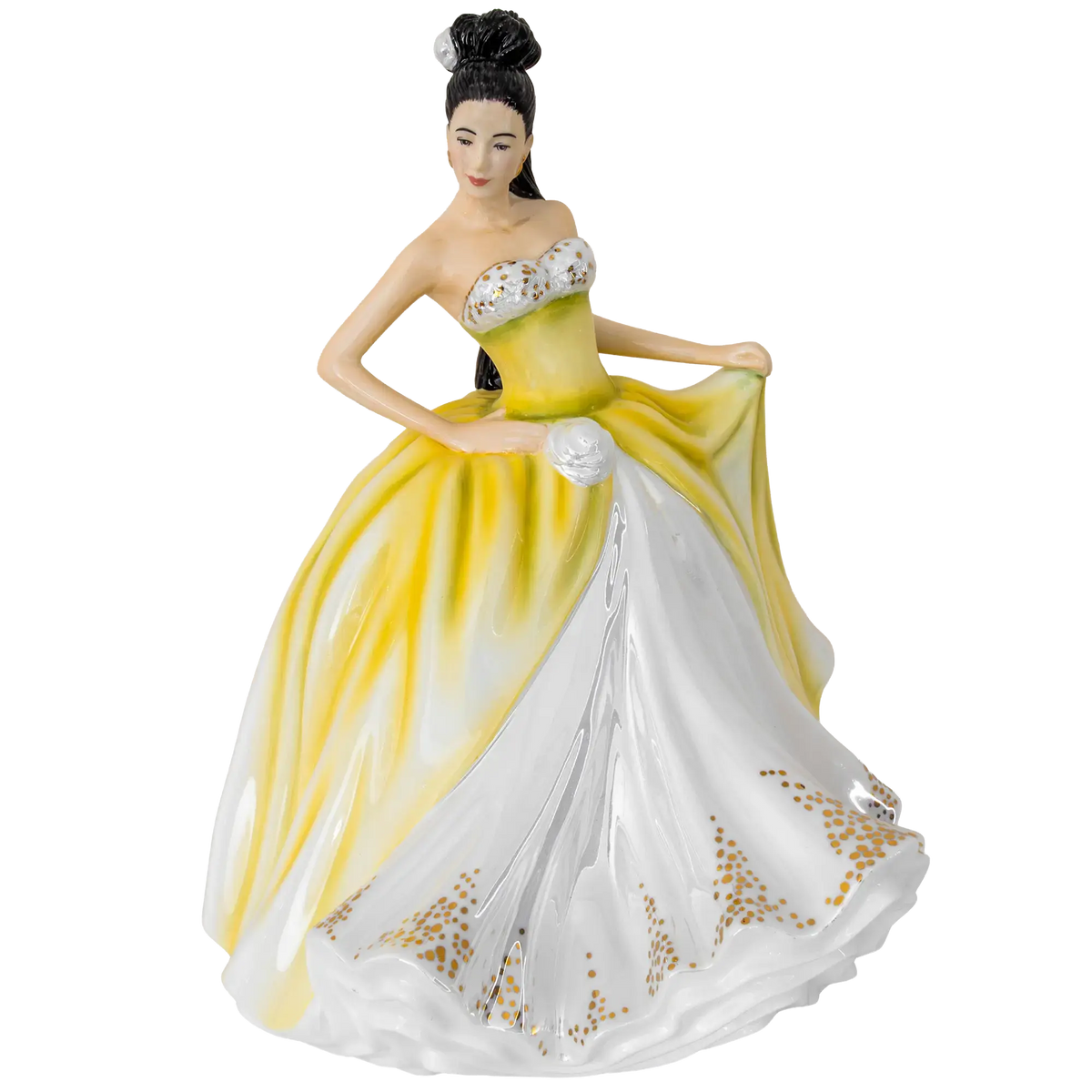 Yellow and white dress figurine, porcelain lady with beaded bodice and updo hair