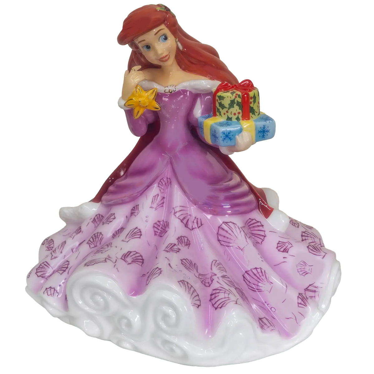 Ariel Christmas fine bone china figure of Ariel in purple gown holding wrapped gifts