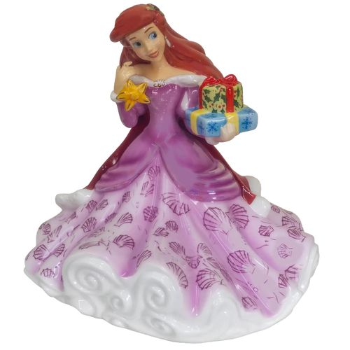Ariel Christmas fine bone china figure of Ariel in purple gown holding wrapped gifts