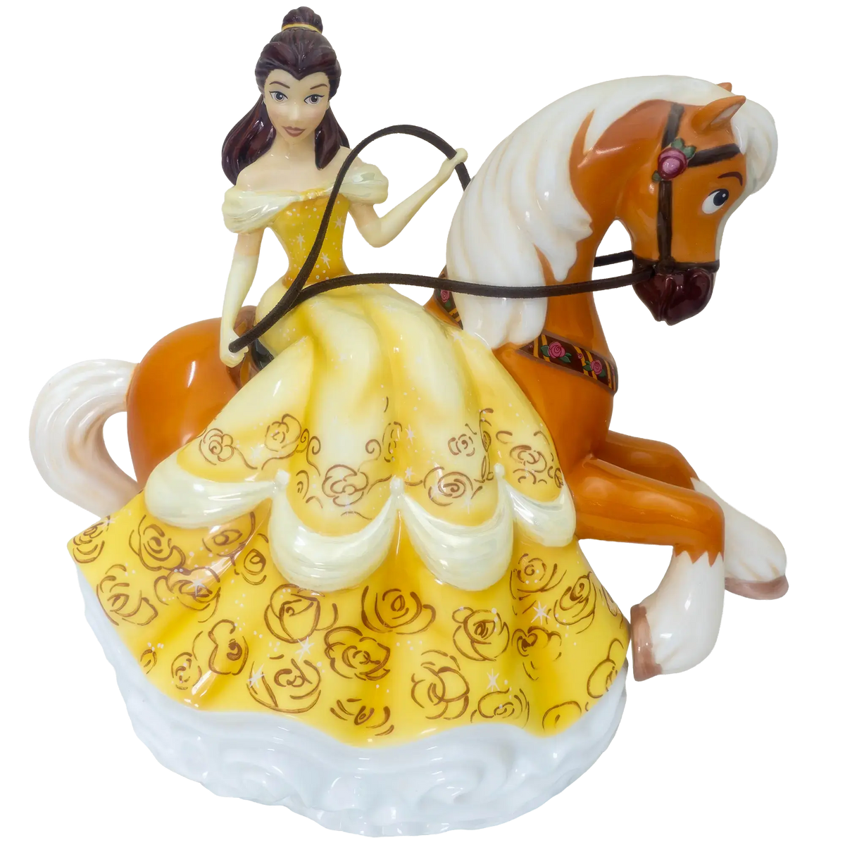 Decorative porcelain rider figurine in yellow dress on an orange horse with white mane