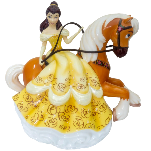 Decorative porcelain rider figurine in yellow dress on an orange horse with white mane