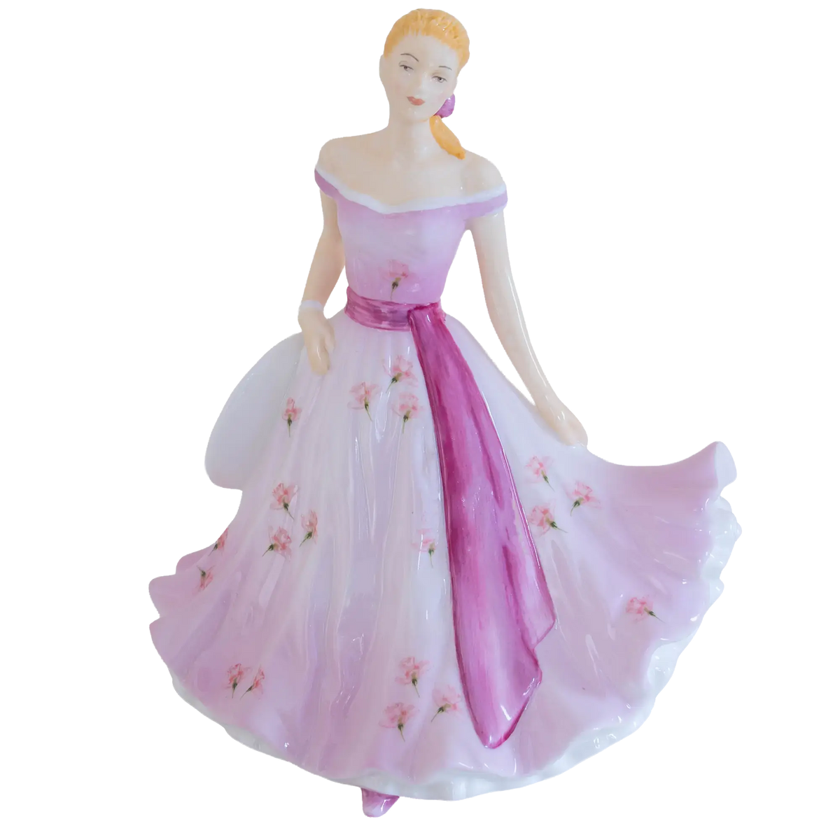 Porcelain lady figurine in white and pink floral off-shoulder dress with ribbon sash