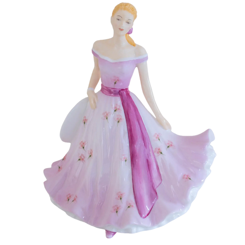 Porcelain lady figurine in white and pink floral off-shoulder dress with ribbon sash