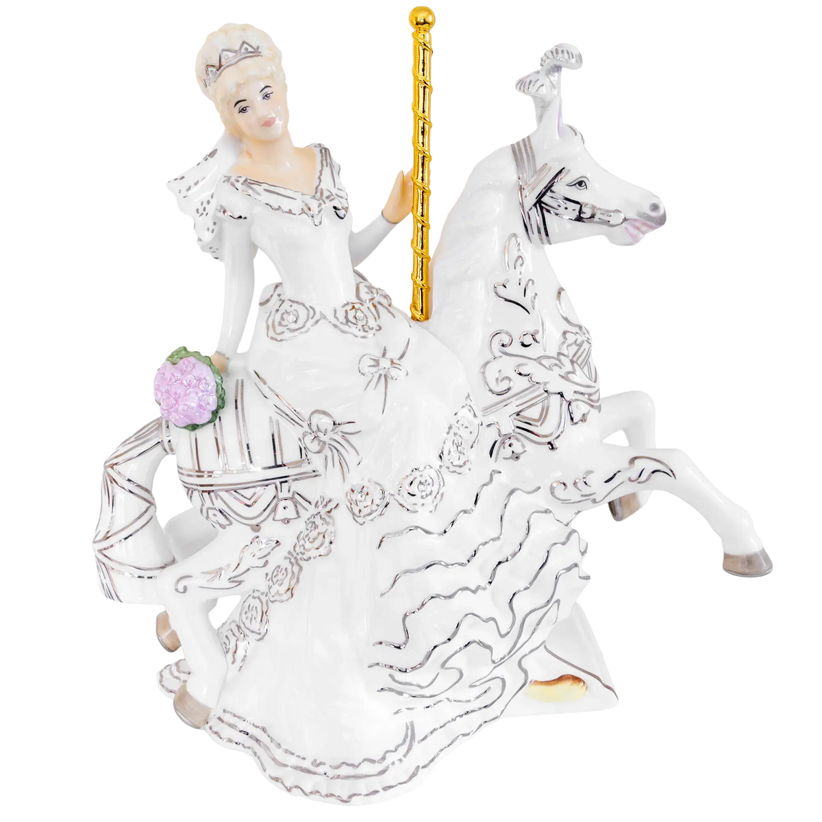 White fine bone china carousel bride and groom figurine with gold music pole
