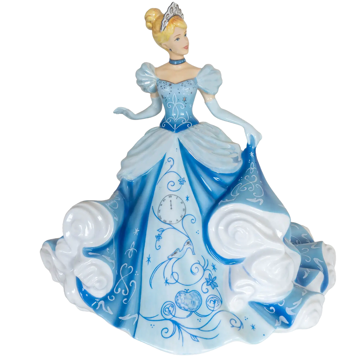 Cinderella fine bone china figurine in blue gown with white swirl skirt and ornate base