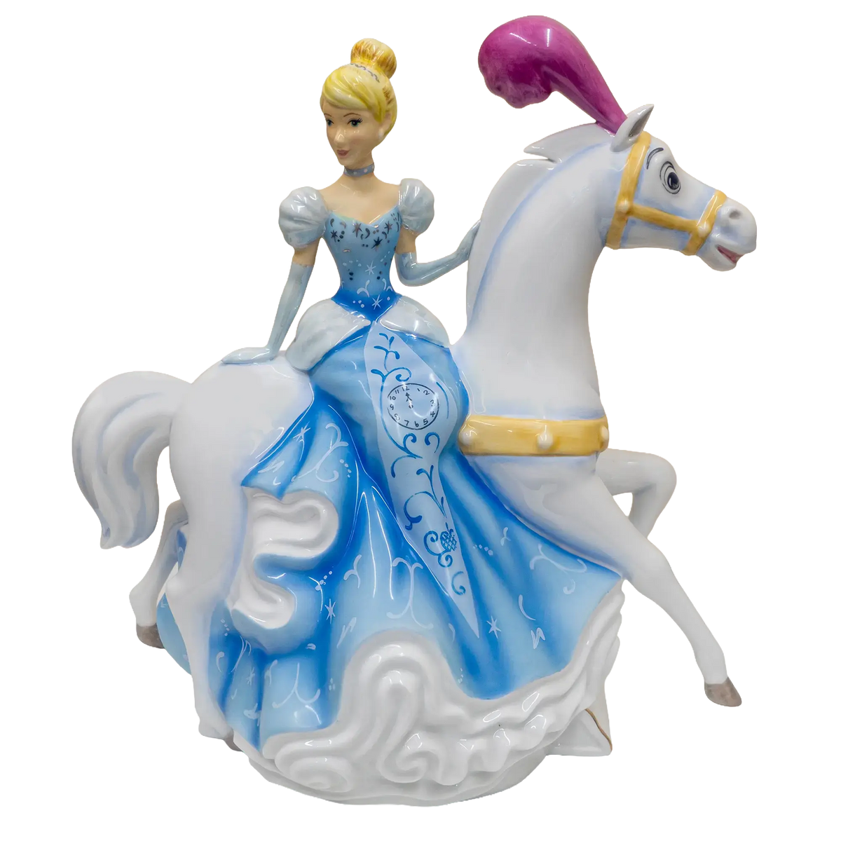 Fine bone china Cinderella on white horse music box figurine, blue dress and purple hair