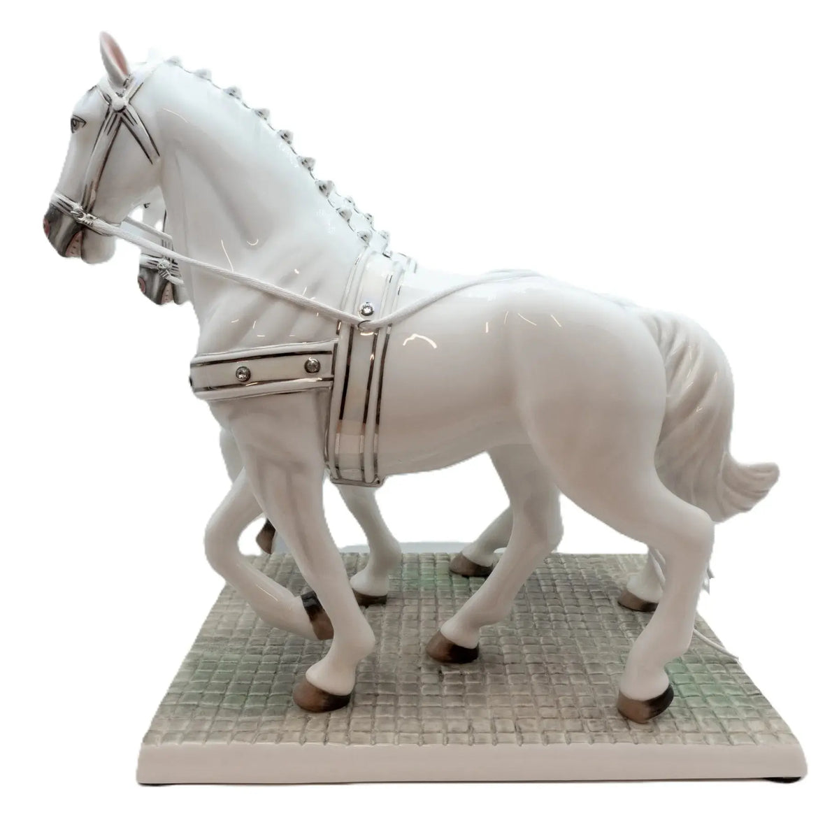 White fine bone china horse figurine with bridle and decorative harness, standing