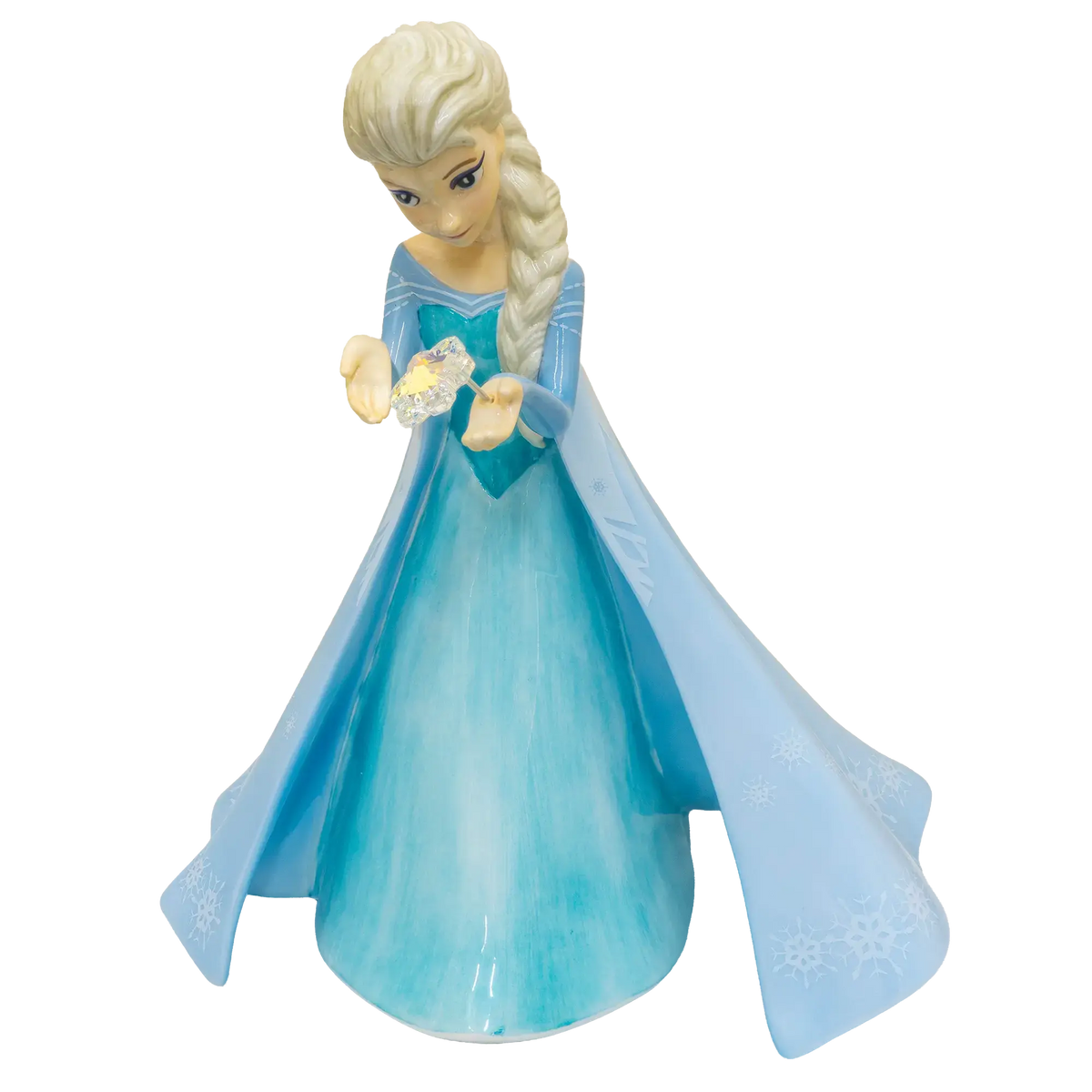 Elsa fine bone china figurine, light blue gown, blonde braided hair, holding crystal