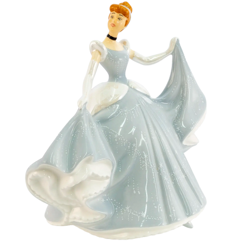 Porcelain ballerina figurine in light blue gown with star pattern and flowing skirt