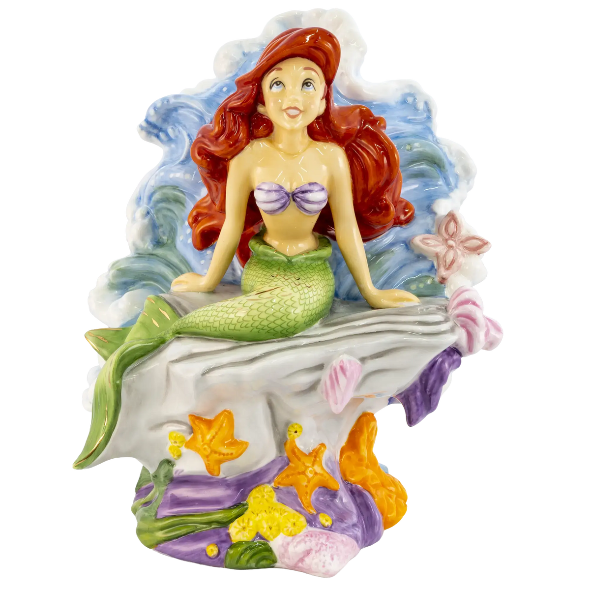 Fine bone china mermaid figurine with red hair, green tail, cloud base and starfish