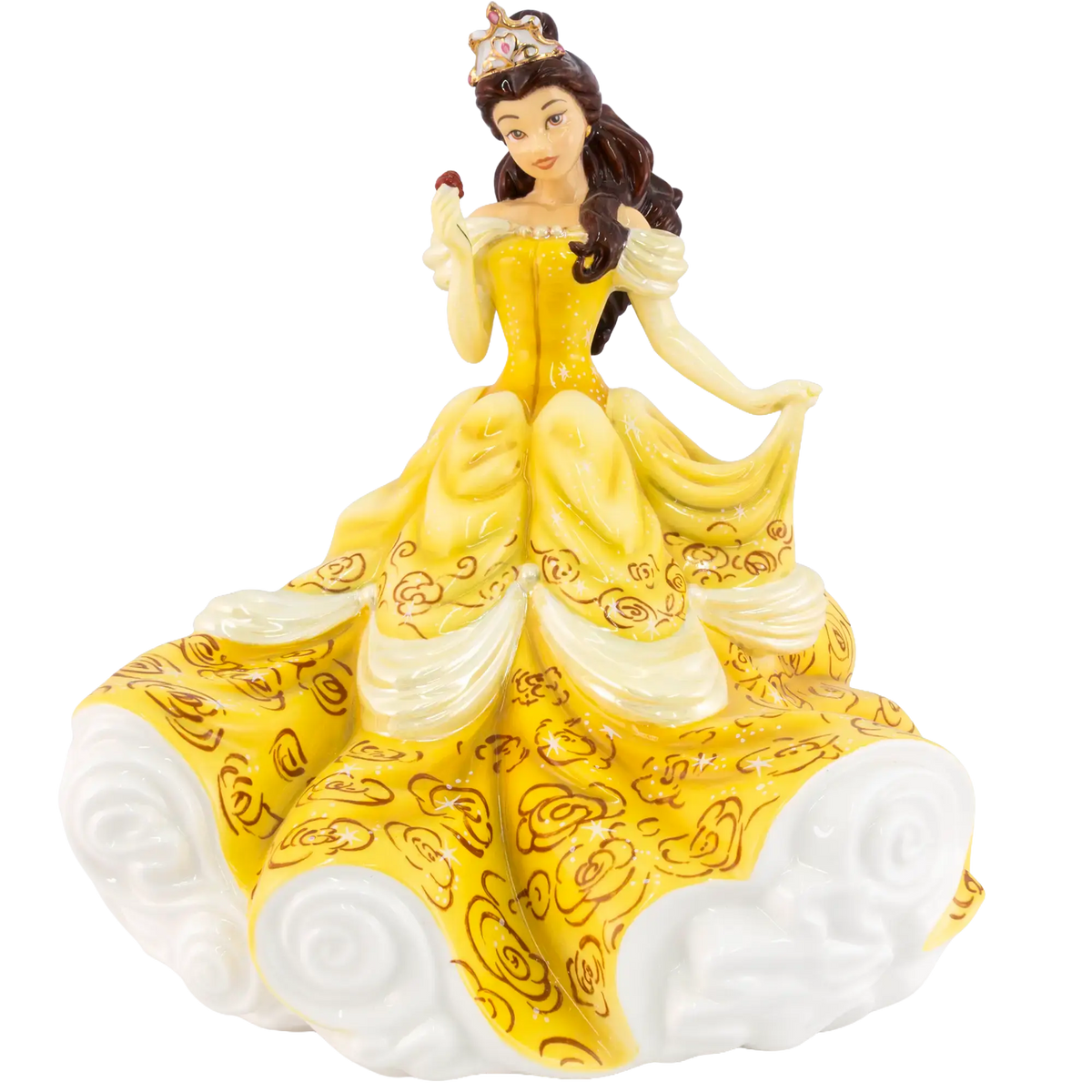 Yellow and white porcelain princess figurine holding a glowing lantern