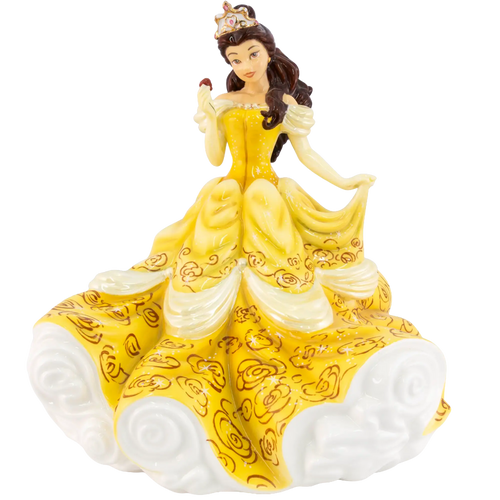 Yellow and white porcelain princess figurine holding a glowing lantern