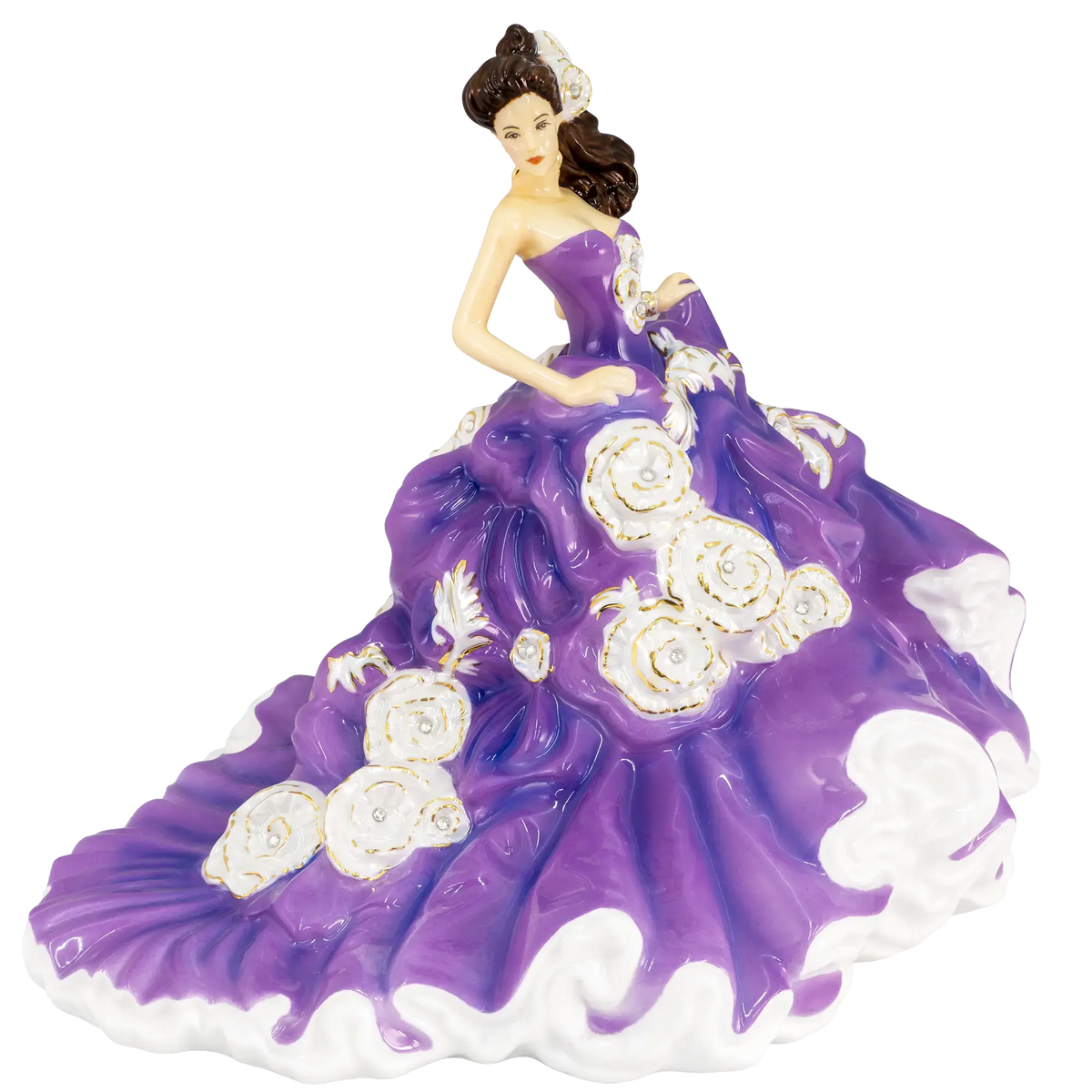 Fine bone china ballerina figurine with flowing purple skirt, gold swirls, and white accents