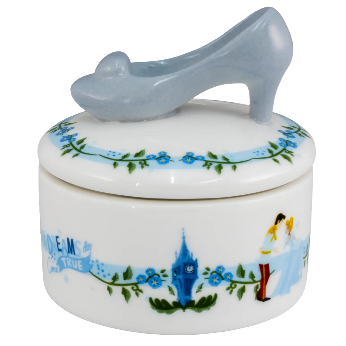 Fine bone china treasure box with blue slipper lid and castle motif on lid