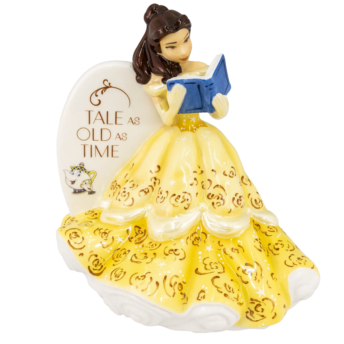 Fine bone china Belle princess figurine, yellow dress with gold motifs, reading blue book