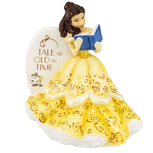 Fine bone china Belle princess figurine, yellow dress with gold motifs, reading blue book