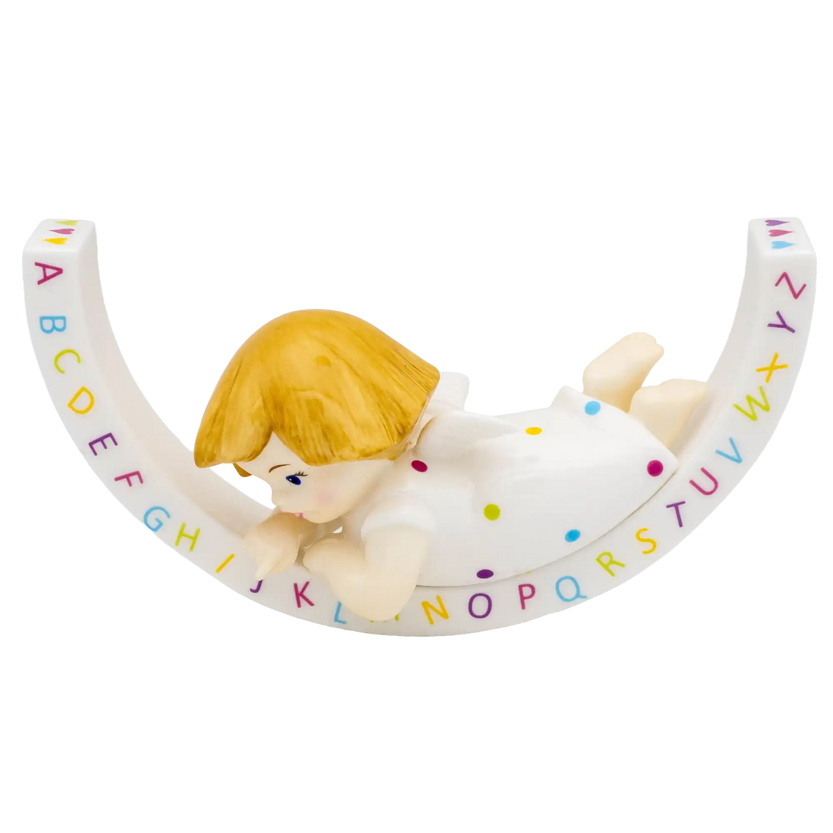 Fine bone china alphabet angel ornament with blonde head and A–Z letter ring, side view