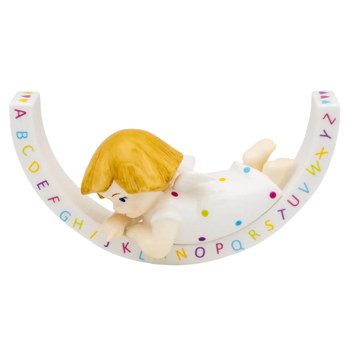 Fine bone china alphabet angel ornament with blonde head and A–Z letter ring, side view