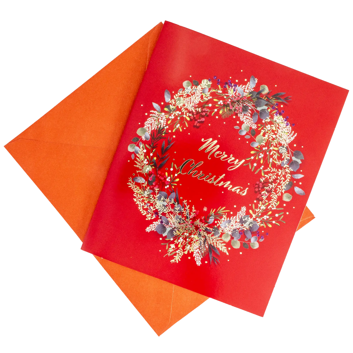 Red Christmas greeting card with floral wreath and Merry Christmas text