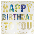 Happy Birthday greeting card with gold glitter-style patterned letters and stars
