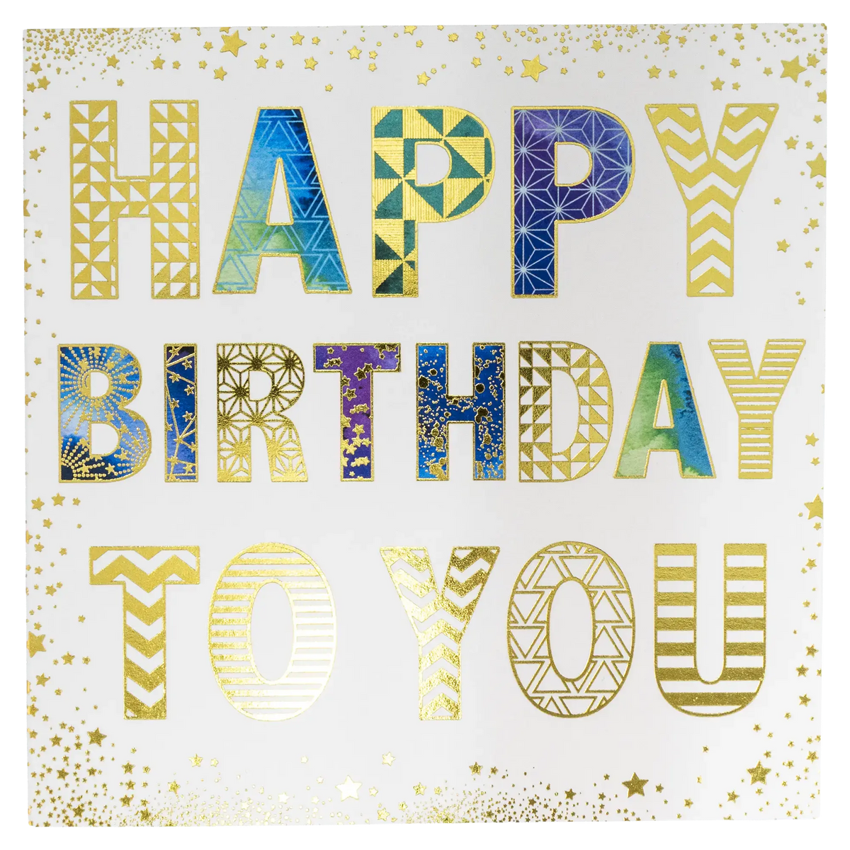 Happy Birthday greeting card with gold glitter-style patterned letters and stars