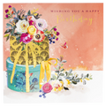 Birthday greeting card with watercolor floral bouquet and gold Happy Birthday text