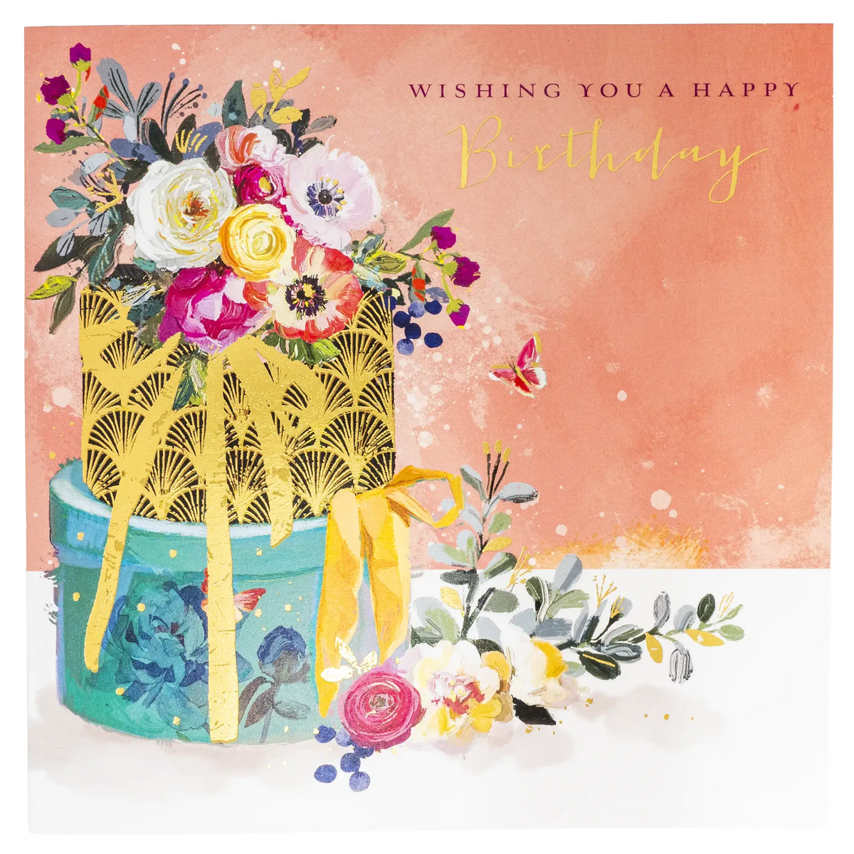 Birthday greeting card with watercolor floral bouquet and gold Happy Birthday text