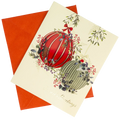 Cream decorative card with colorful birdcage and botanical illustration