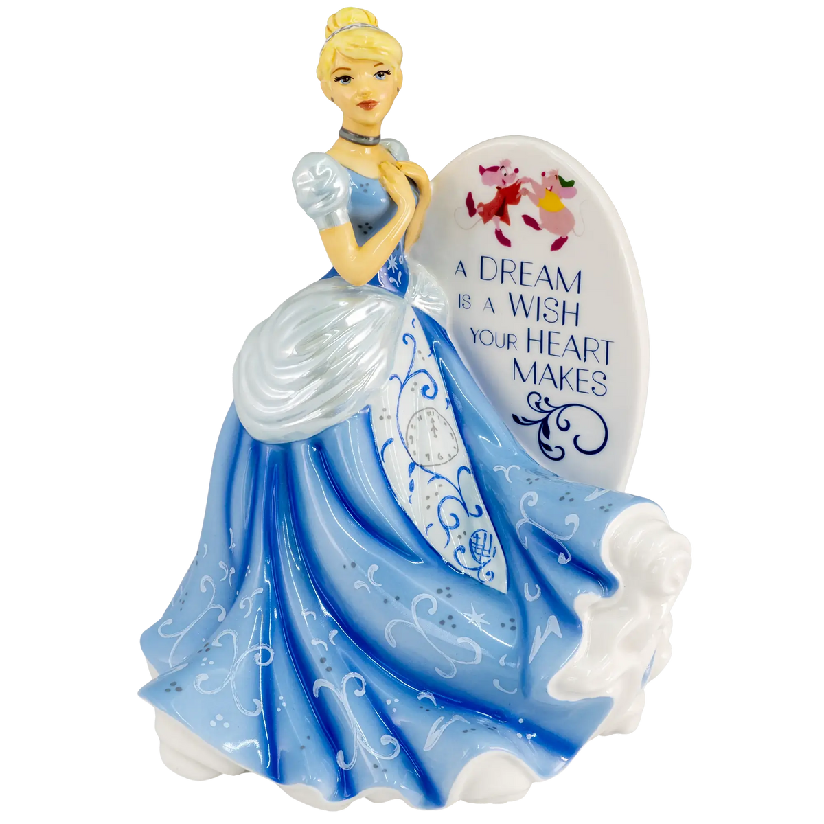 Cinderella fine bone china figurine in blue gown with swirls, holding lantern and heart sign