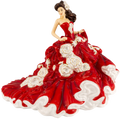 Fine bone china figurine of a woman in a red gown with white trim and relief flowers, standing