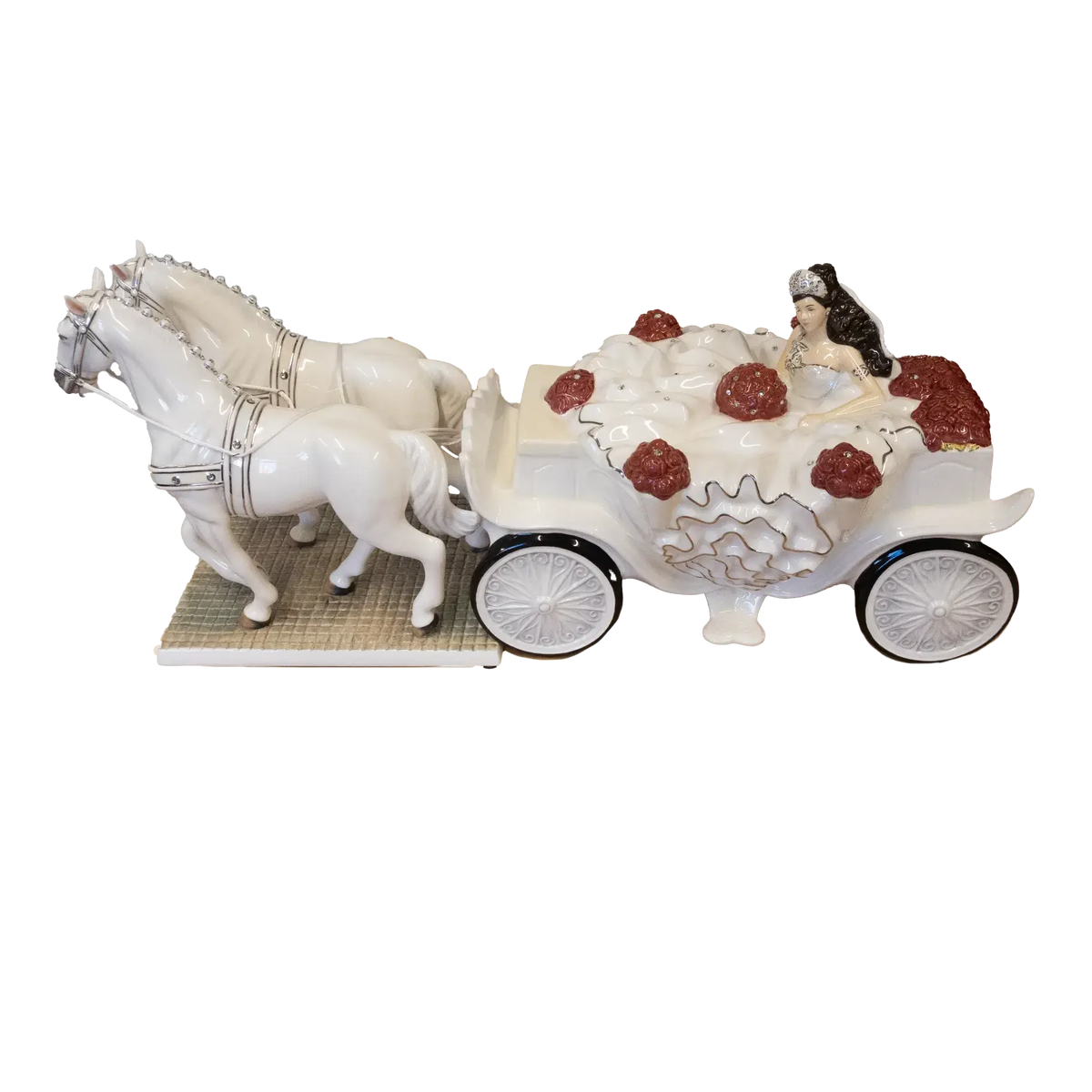 Fine bone china bride and horse figurine: white horse pulling wagon with large wheels, red flowers