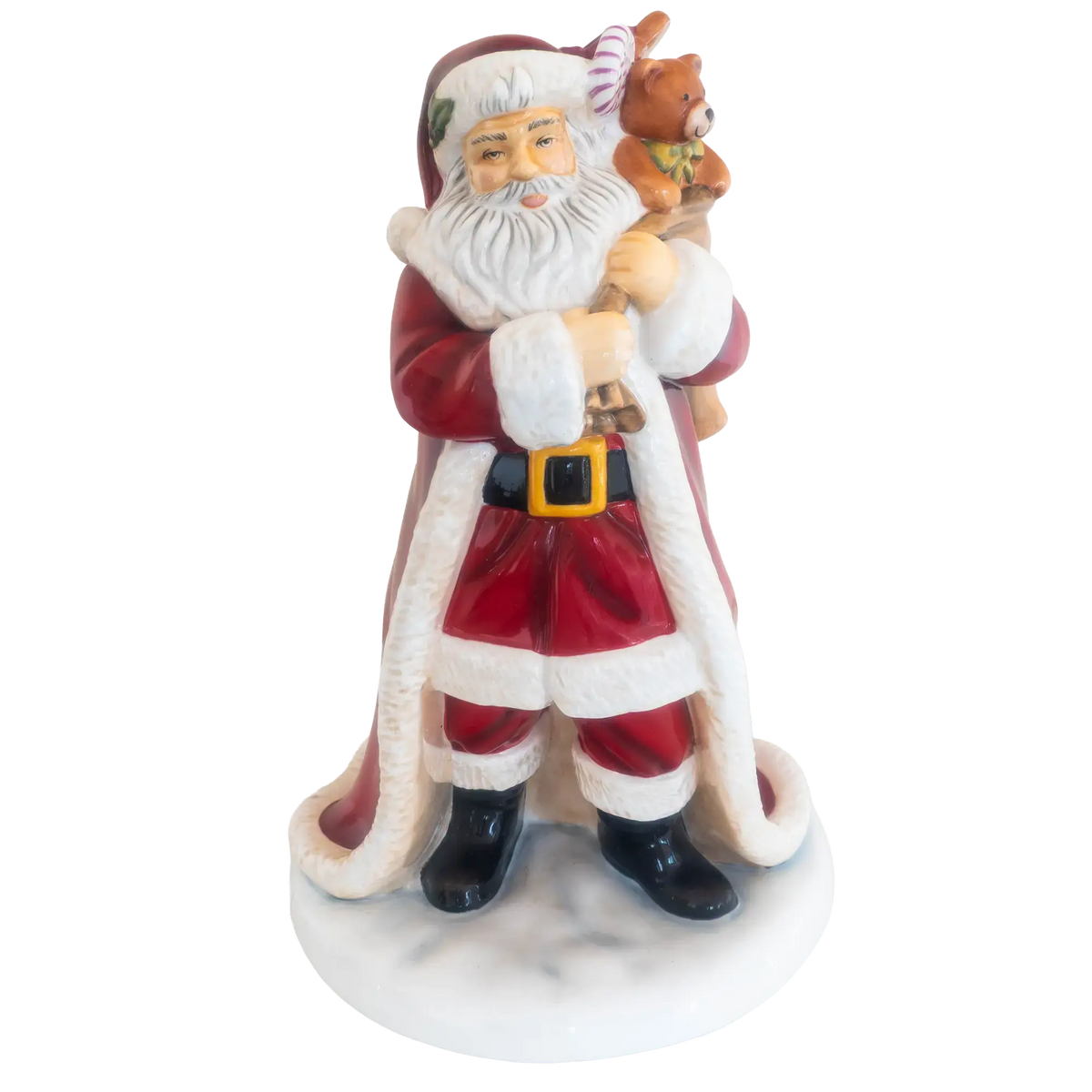 Father Christmas fine bone china figurine with red coat, dark boots, and teddy bear