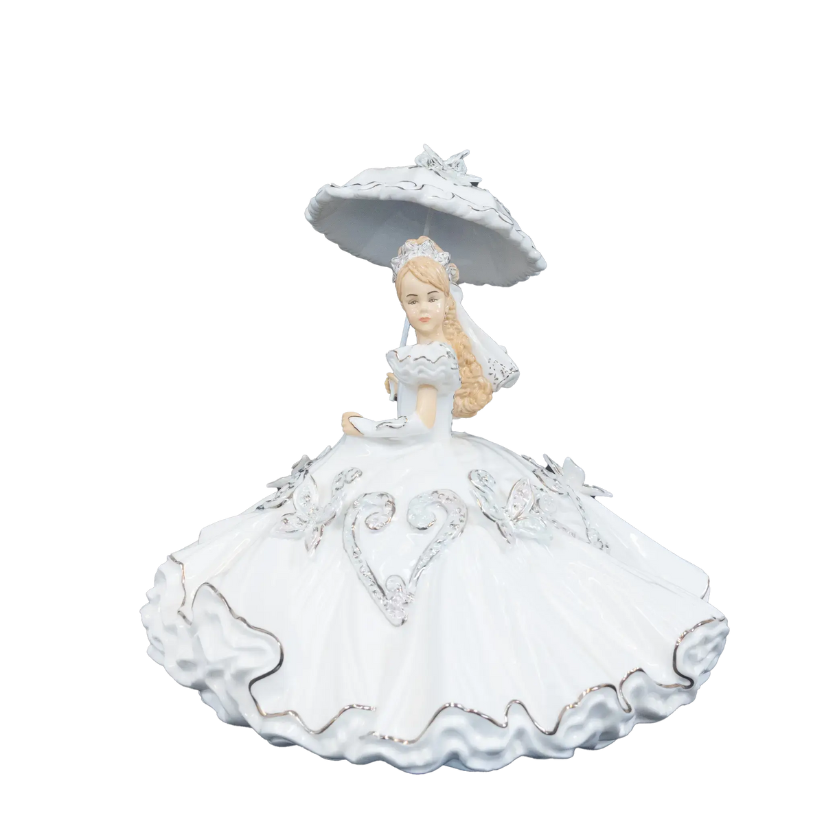 Fine bone china communion figurine: blonde girl in white gown with silver umbrella
