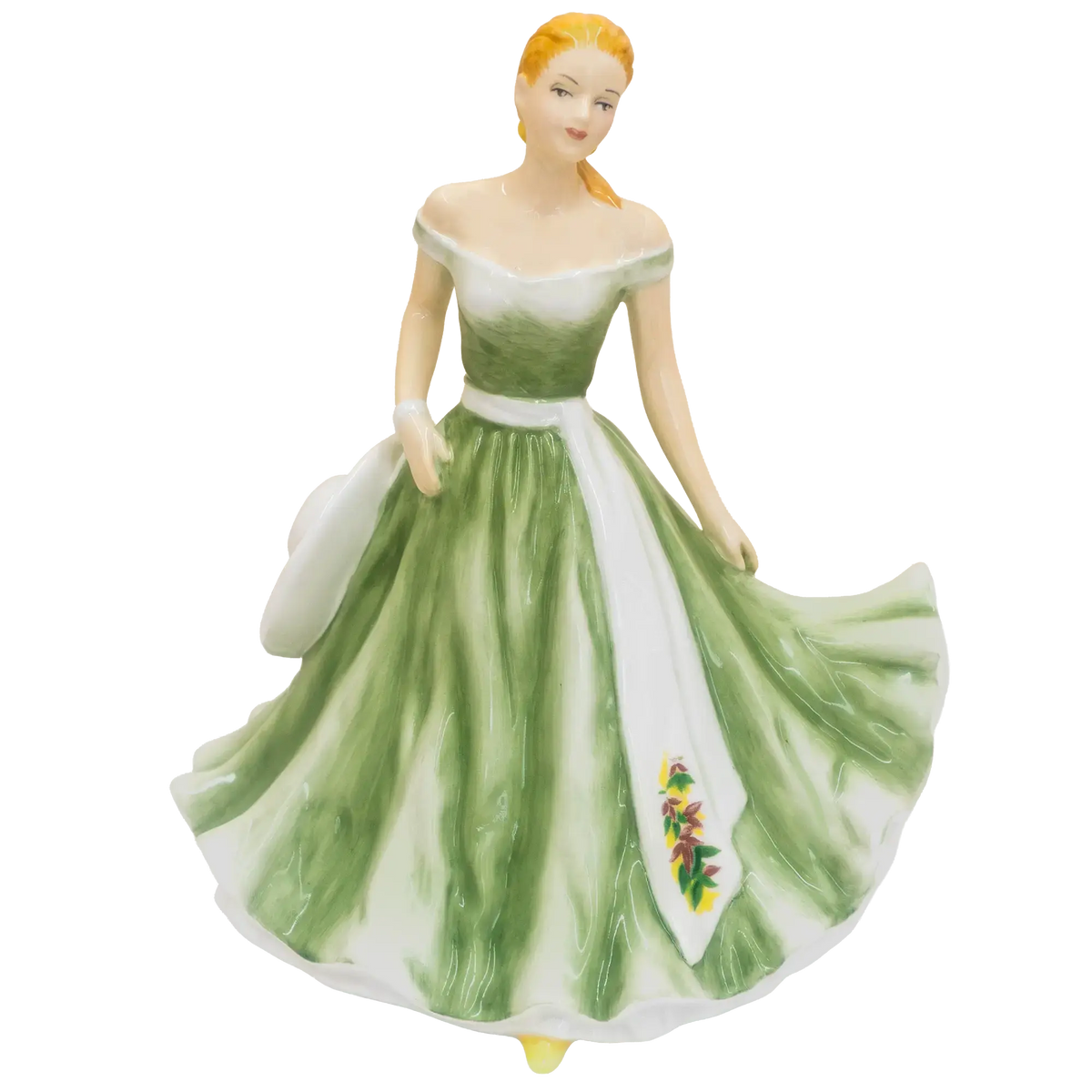 Porcelain doll figurine in green off-shoulder dress with white bodice and floral hem