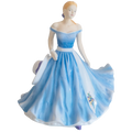 Fine bone china doll figurine in blue off-shoulder gown with floral detail