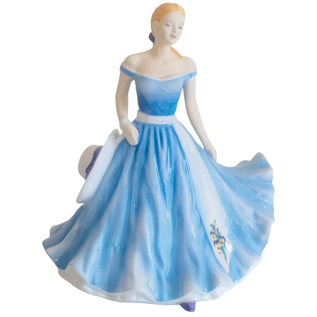 Fine bone china doll figurine in blue off-shoulder gown with floral detail