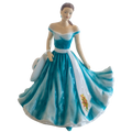 Teal and white porcelain figurine in off-shoulder gown with flared skirt, front view