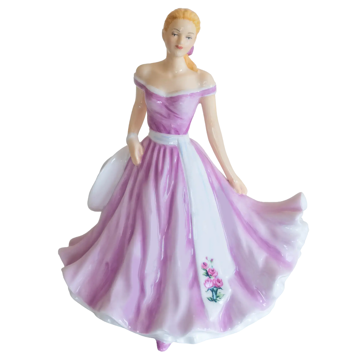 Purple and white off-shoulder dress rose-themed porcelain figurine, full body view