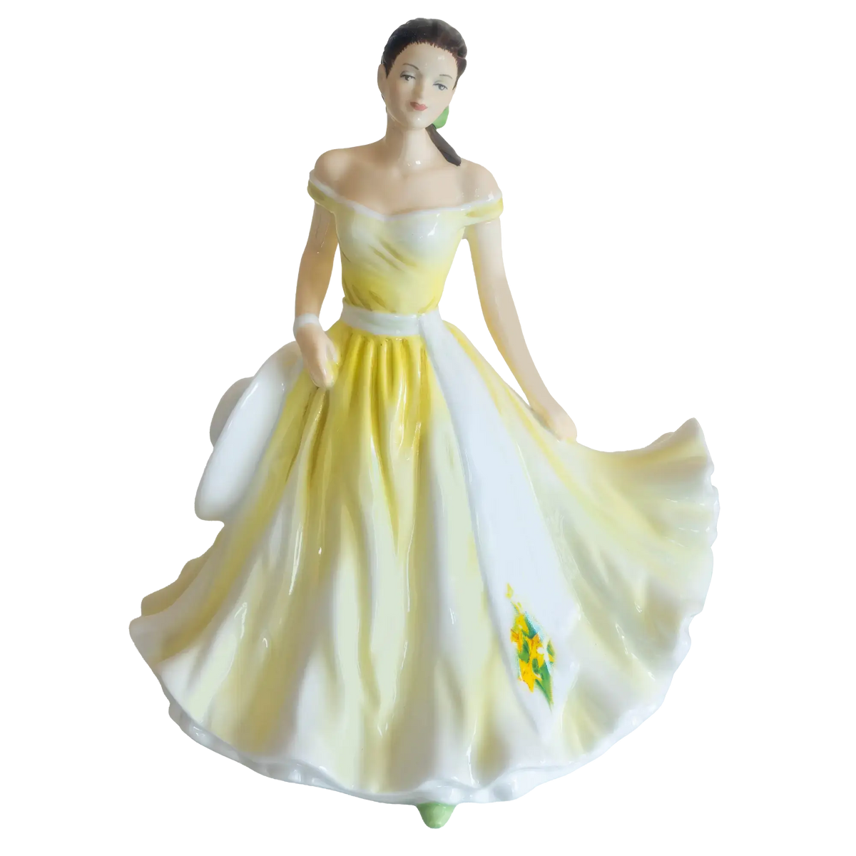 Fine bone china daffodil figurine: seated woman in yellow and white off-shoulder dress