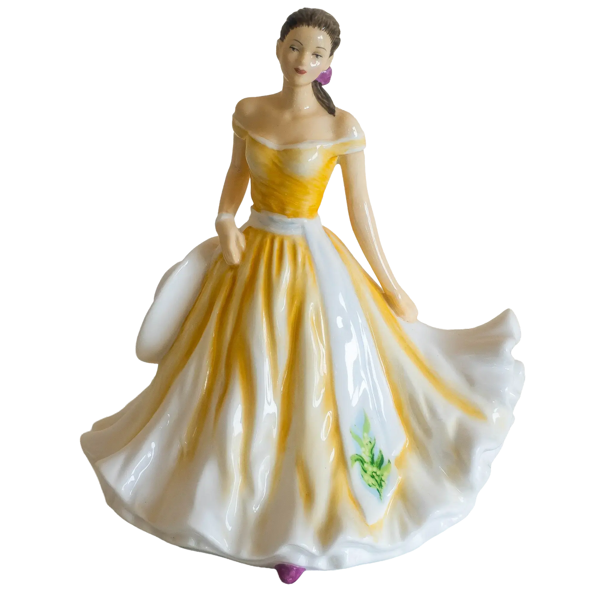 Porcelain female figurine in yellow off-shoulder dress with flowing white flared skirt and purple accents