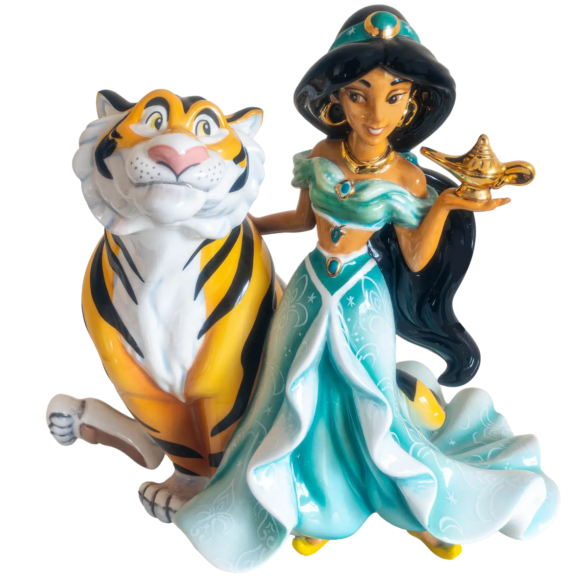 Sitting tiger and princess fine bone china figurine with teal dress and gold lamp