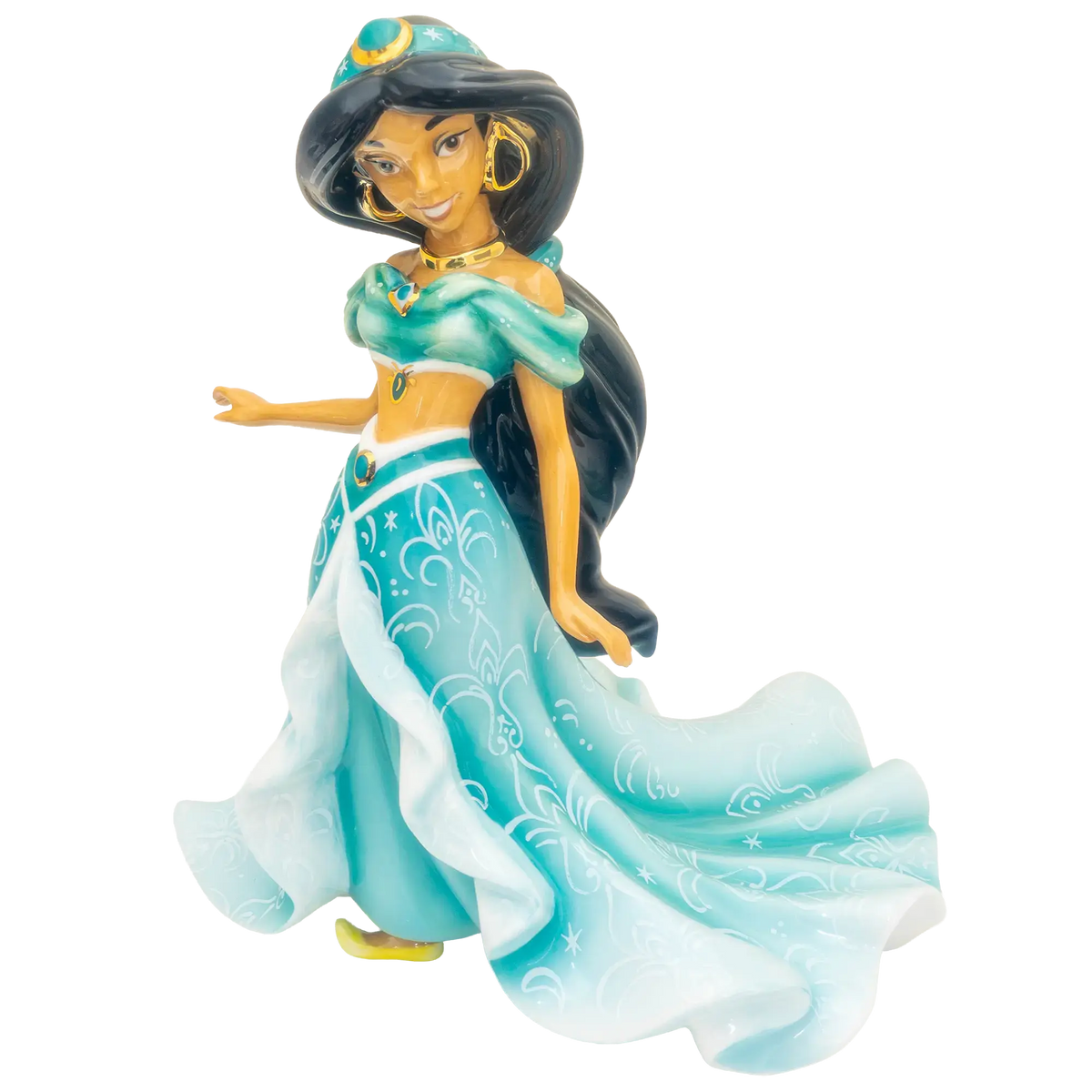 Jasmine fine bone china figurine in teal dress, white draped skirt, arm outstretched