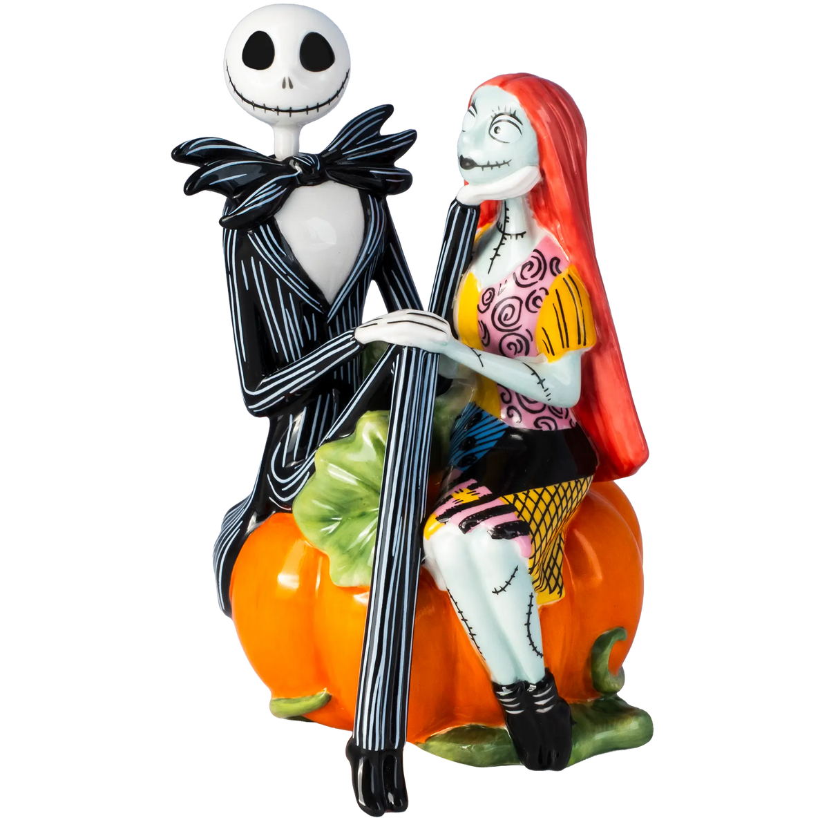 Fine bone china figurine of Jack and Sally, standing together on a pumpkin base