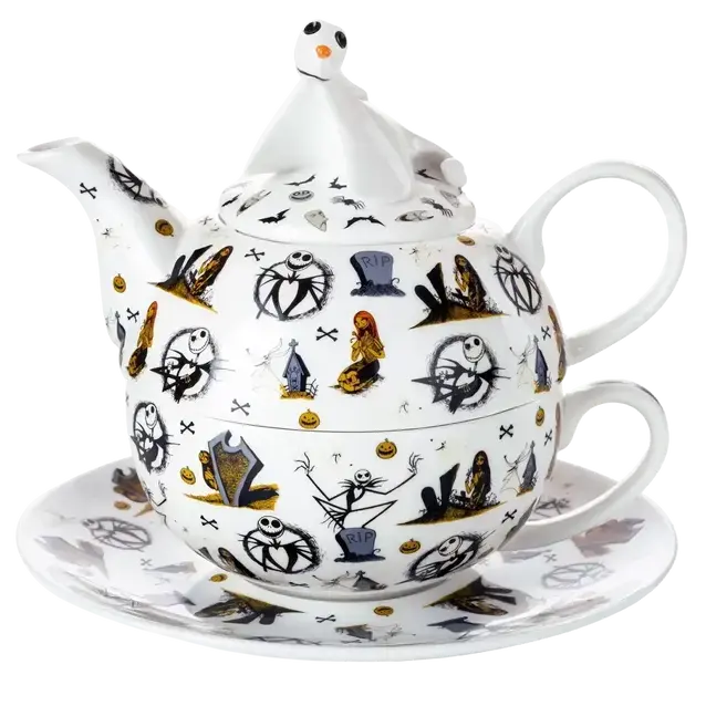 Fine bone china tea-for-one set: white teapot with lid, cup and saucer, black Halloween prints
